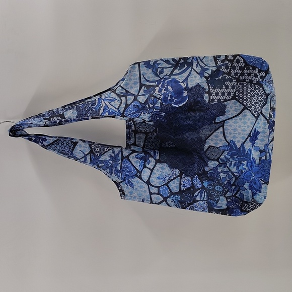 Johnny Was Nylon Reusable Tote Shopping Bag Blue On Blue Flower Print - Picture 4 of 4